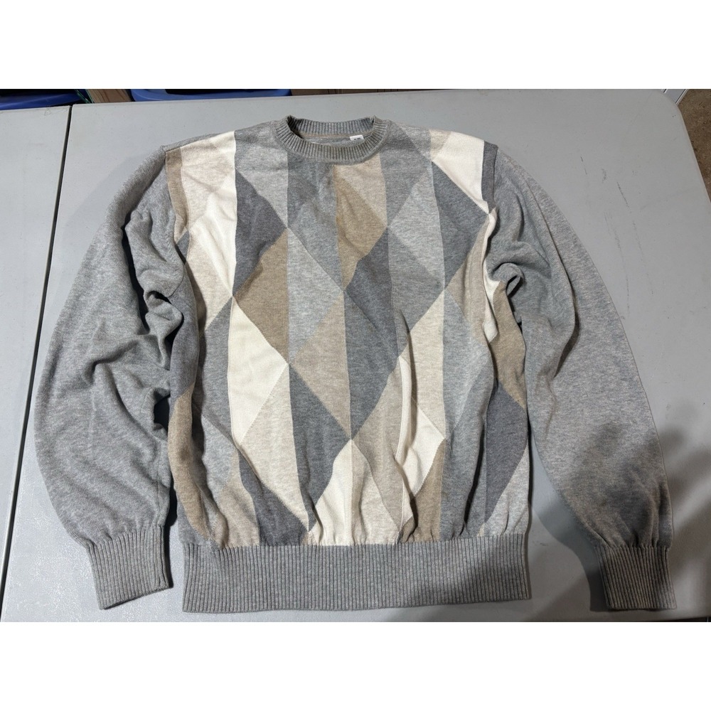 ALEX CANNON Cotton Knit Pull-over Sweater‎ Sz L Gray Argyle